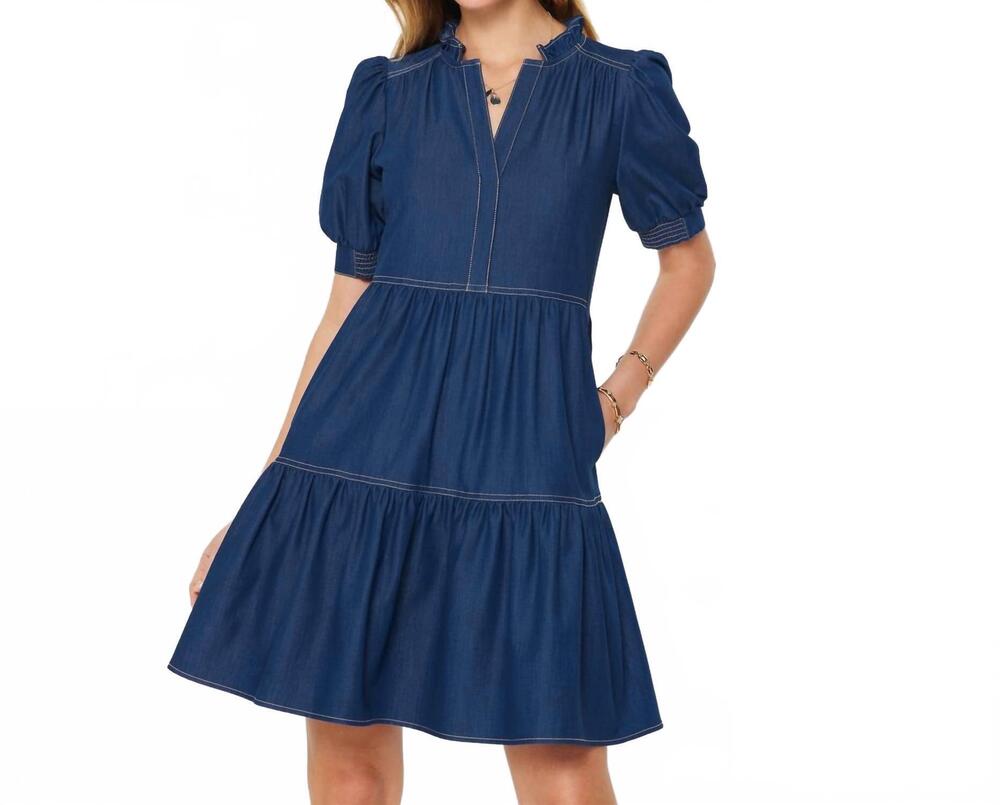 NEW CURRENT AIR denim tiered short sleeve mini dress in indigo